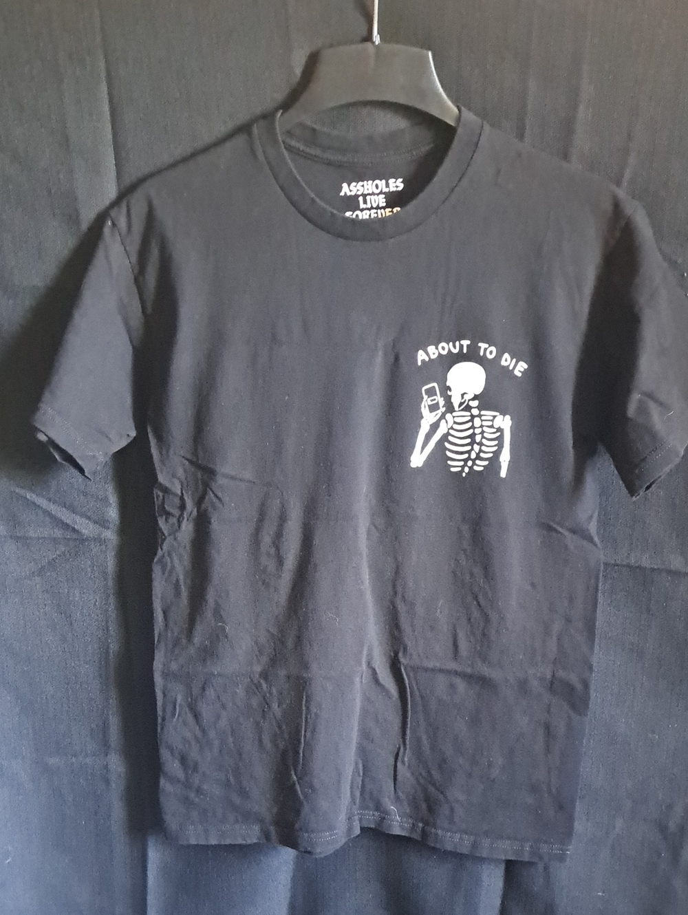 Men's Black Graphic Tee - 'About to Die' Skeleton Design